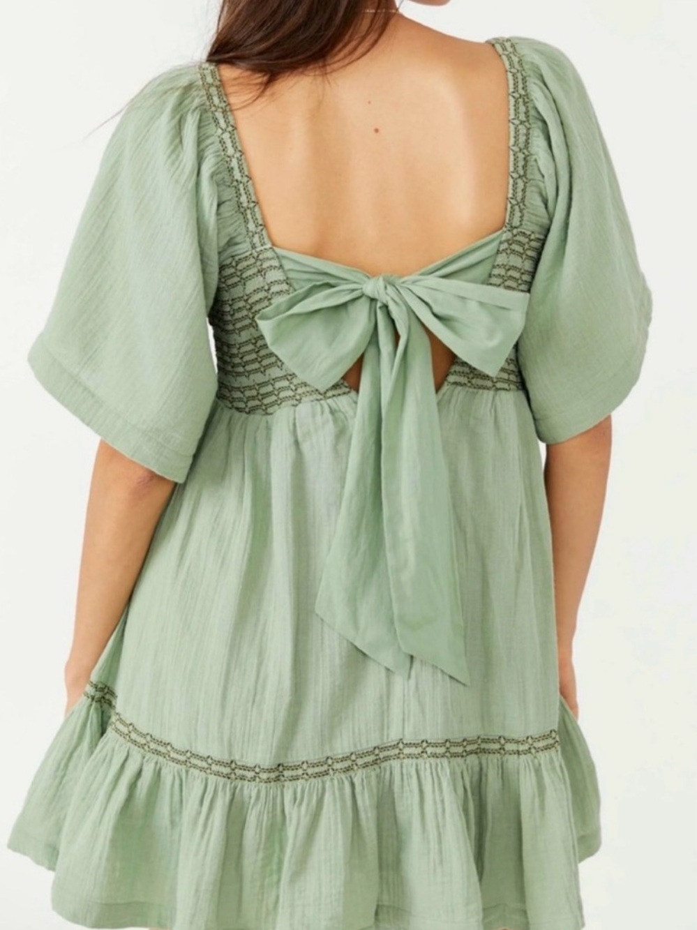 Free People Women’s Small Sage Green Smocked Babydoll Mini Dress Boho - Picture 2 of 10